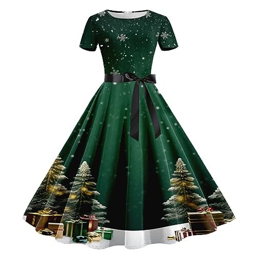 Weihnachtskleid Damen Rot, Kleid Weihnachten Damen Kurzarm, Weihnachts Partykleid Rundhals Rockabilly Vintage A-Linien Swing Cocktailkleid Festliche...