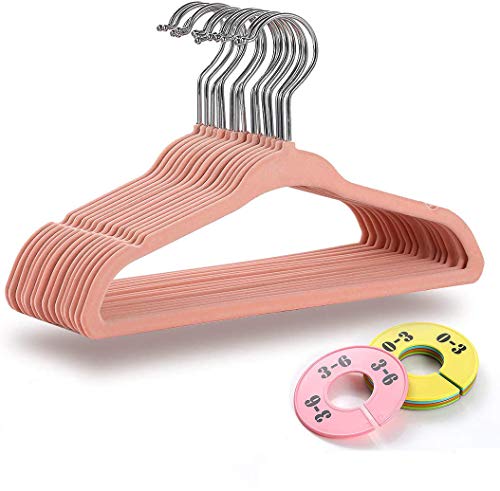 JSLHOME Perchas para bebés, perchas para ropa con divisores de niños, paquete de 30, gancho giratorio de 360 grados, material flocado antideslizante, ahorro de espacio ultra delgado (rosa)