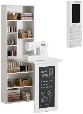 Folding Sewing Table Cabinet with Blackboard, Storage Shelves, Sp...