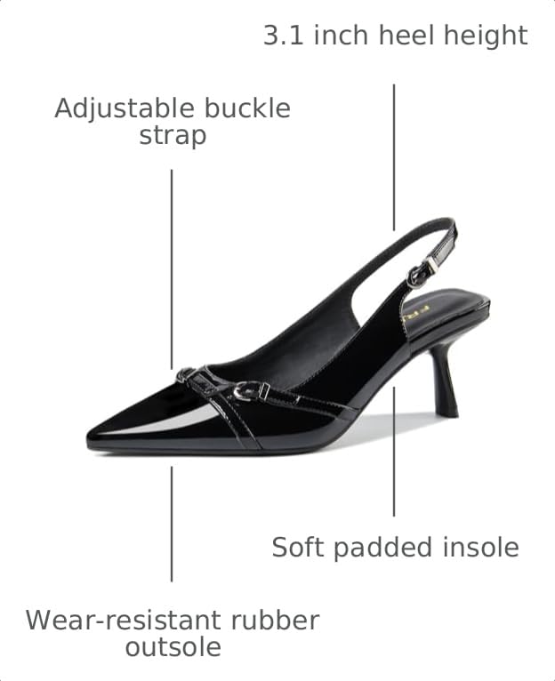 Image of Kitten Heels for Women Closed Pointed Toe Heels Patent Leather Low Heel Slingback Dress Shoes Feature Adjustable Buckle for Date Party Work Office Comfortable Sexy Pumps Shoes