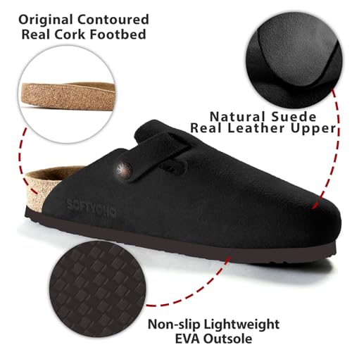 Image of SOFTYOHO Clogs for Women Men, Mules with Arch Support and Adjustable Buckle, Suede Leather Cork Footbed Potato Shoes