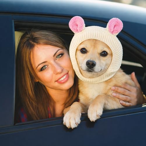Image of Frienda Dog Ear Muffs Noise Protection, Neck 14.96 Inch Fits Medium Dogs, Knitted Calming Hood for Dogs, Fireworks Thunder Anxiety Relief, Fleece Inner Warm Beanie Hat(Milk White)