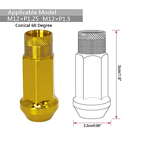 Image of Lug Nuts M12x1.5 Open End Wheel Nuts,Taper Acorn Seat, Forged Locknut Racing Nut 20 Set 2 Pieces Total 22 Pieces and 1 Nut Socket Key (Golden M12 x P1.5)
