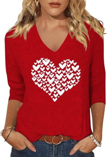 Image of Womens 3 /4 Sleeve V Neck Valentine T Shirts Love Heart Printed Graphic Tee Tops