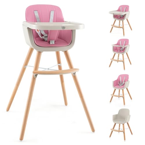 Image of BABY JOY Convertible Baby High Chair, 3 in 1 Wooden Highchair/Booster/Chair with Removable Tray, Adjustable Legs, 5-Point Harness, PU Cushion and Footrest for Baby, Infants, Toddlers (Pink)
