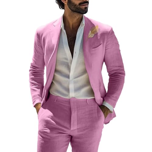 Men 2 Pieces Summer Suit Set Linen Fabric Slim Fit Casual Formal Notched Lapel Wedding Outfit Groomsmen