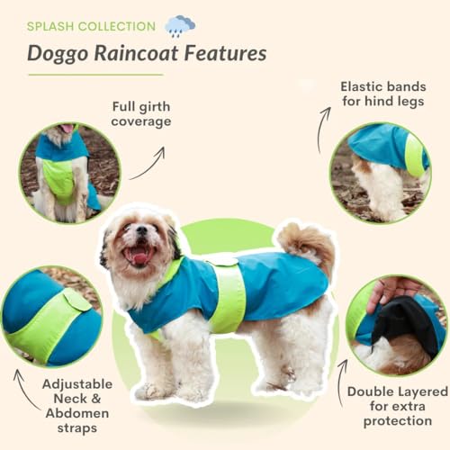 Image of Waterproof Dog Raincoat with Hood | Double Coloured Blue-Green | Adjustable Velcro | Extra Coverage | Easy to Carry Pouch | for Small, Medium and Large Breed Dogs (Puppy (M))
