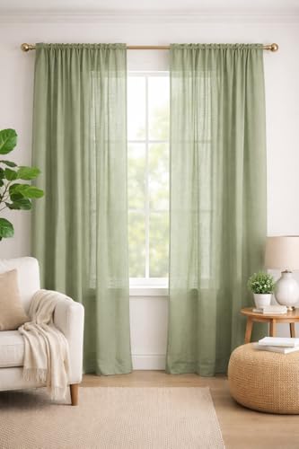 Image of THE LINEN COMPANY Cotton Linen Solid Sheer Window Curtain with Rod Pocket Design, 4 Feet Length, Lightweight Breathable Fabric, Elegant Avocado Green Color, Living Room & Bedroom Curtain, Pack of 2.