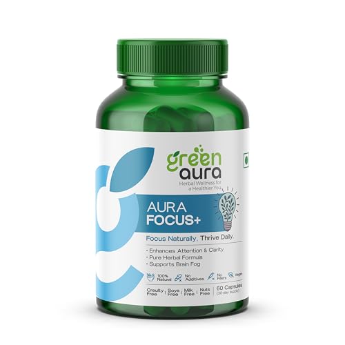 Image of Green Aura Focus+ Brain Supplement for Focus, Memory & Concentration | Ayurvedic Nootropic with Brahmi, Shankhpushpi & Jatamansi | Mental Clarity Support | 60 Veg Capsules | 30-Day Supply