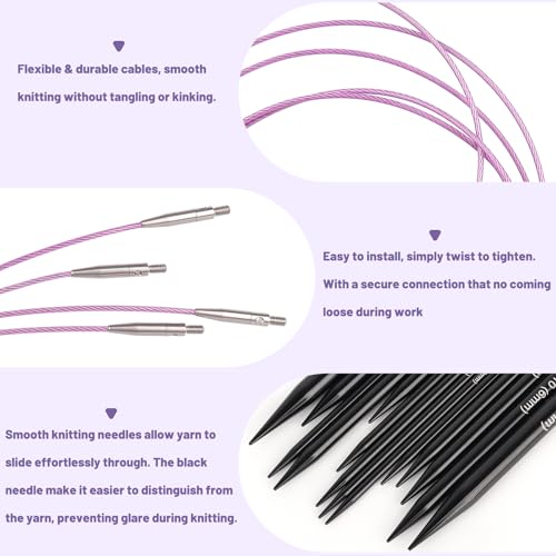Image of Katech Interchangeable Knitting Needles Set- 9 PRS Circular Knitting Needle | Size 2.5, 4, 5, 6, 7, 8, 9, 10,11, Round Knittings Needles for Beginner w / 5 Cable, Case Accessories for Sweater Sock Blanket