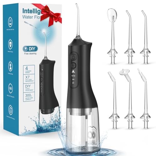 Irrigador bucal portátil inalámbrico con tanque de 300 ml, 4 modos, 6 puntas de chorro, IPX7, impermeable, recargable, para aparatos ortopédicos, cuidado de las encías, hogar y viajes, color negro