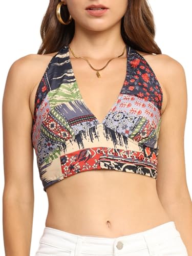 Image of KE KANHA EXPORTS Halter Neck Wrap Top|top for Women|Backless Tops for Women|Halter Neck Tops|Adjustable wrap Waist|Boho Beach Border Print|Easily fits S-M|Bust30-36Inch|LengthUpTo 18Inch