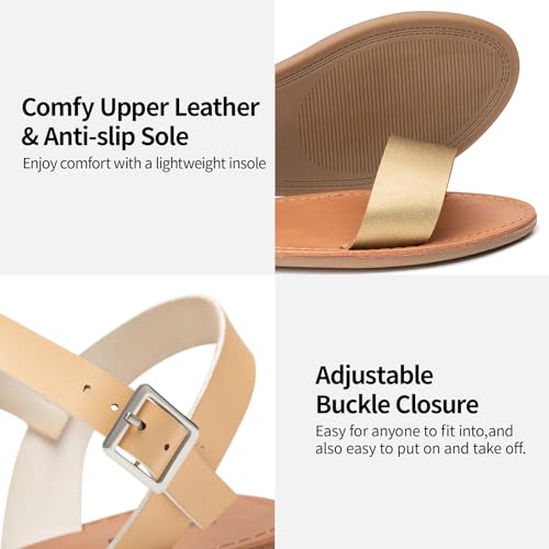Image of Trary Women's Dressy Summer Leather Flat Ankle Strap Gladiator Open Toe One Band Two Tone Adjustable Metal Buckle Comfortable Wedding Sandals