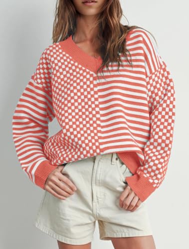 Image of UNCLECAT Womens Striped Checkered Sweater V Neck Fall Trendy Pullover Tops | Long Sleeve, Winter Clothes, Soft Jumpers, Business Casual Outfits, Cute, Fashion, Knitted Sweaters