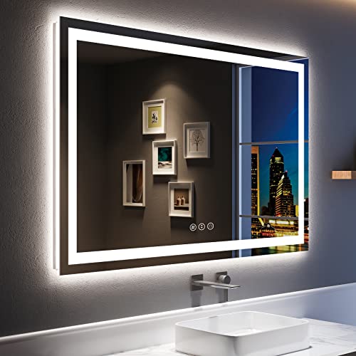 Image of 55x36 Inch LED Bathroom Mirror with Lights Front and Backlit Lighted Vanity Mirror for Bathroom Wall with 3 Colors Dimmable Anti-Fog Memory Shatter-Proof IP54 Waterproof Horizontal /Vertical