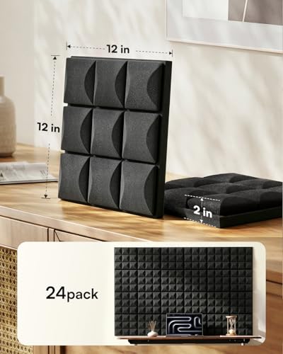 Image of SODOCT 24 Pack Self-Adhesive Acoustic Foam Panels, 12 x 12 x 2 Inches Mushroom Shape, Sound Proofing Wall Panels, High Density Sound Absorbing Foam for Studio, Home Office, Recording (Black)