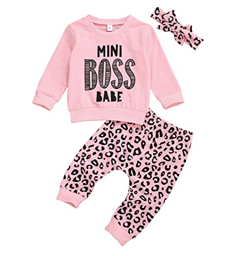Baby Girl Leopard Outfit Long Sleeve Mini Boss Sweatshirts Shirts Tops Long Pants Heaband Autumn and Winter Clothes (18-24 Months, Mini Boss)