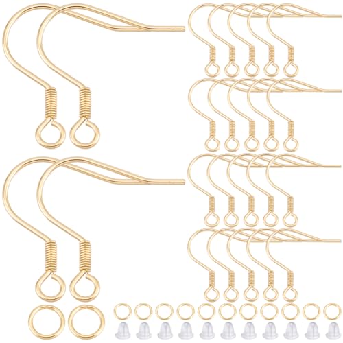 SOFPLATE 1 Box 300Pcs Fish Hook Ear Wires Stainless Steel Gold Earring Hooks Bulk French Wire Earring Findings with Jump Rings Ear Nuts Dangle Ball Dot Earring Wires for jewellery Making Supplies DIY