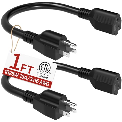Image of 16 /3 Short Extension Cord 1 FT 2 Pack, Black Extension Cord Flexible & Durable, Indoor 3 Prong Power Cable, Suitable for Home and Office, 13 Amp 1625 Watt 125VAC 16AWG, ETL Listed