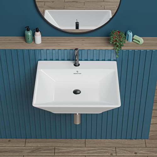 Image of REMOTION Ceramic Wall Hung Corner Wash Basin for Bathroom | Wall Mounted Corner Sink for Small Bathrooms & Powder Rooms | Space-Saving, Durable & Stylish Design (17 x 14.7 x 5 Inch)