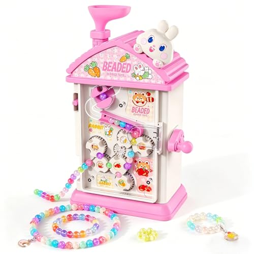 MAGTHIC Charm Bracelet Making Kit- Automatic Hand-Crank Pink House Toys that Inspires Creativity and Imagination DIY Beaded Jewelry Maker Kit Friendship Bracelets Birthday Gift for Girls Kids 6-12
