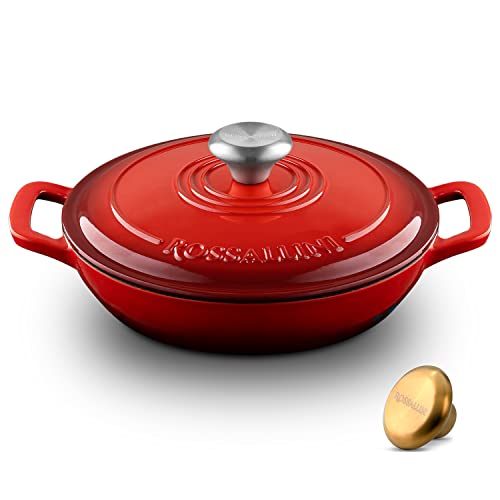 Rossallini Signature Enameled Cast Iron Braiser, Non-Stick Serving Pot With Tight Fitting Lid For Perfect Roasting, Baking, Sauteing, Searing, And Pan Frying | 5Q (4.7L) - Red #TOP7