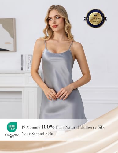 Image of THXSILK Women's Silk Nightgown, 100% Real 19 Momme Mulberry Silk Sleepwear Round Neck Spaghetti Strap Chemise Nightdress