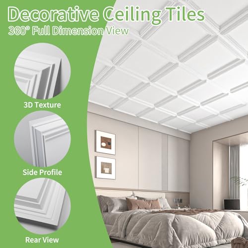 Art3d Decorative Drop Ceiling Tiles 24 x 24 Inch, 36 Pack of PVC Ceiling Tiles Glue Up for Room and Commerical Decor, Covers 144 Sq.ft., Multi-Pack, White by Art3d - Used condition - Image 2