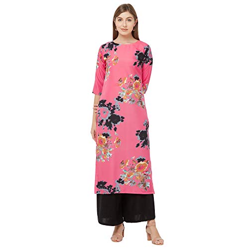 Image of GoSriKi Women's Pink Crepe Straight Calf Length Ethnic Printed Kurti(KRISH-65541 Pink)