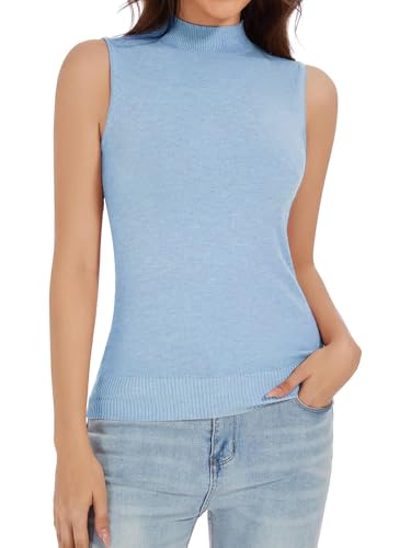 Image of Sleeveless Mock Neck Knit Tops for Women Slim Fit Turtleneck Sweater Vest Business Work Tank Pullover
