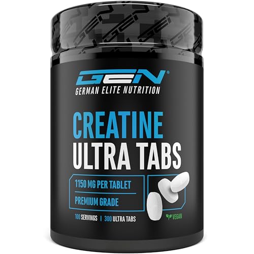 Creatine Ultra Tabs - 300 comprimidos con 1150mg de creatina monohidrato pura cada uno - 100 aplicaciones - Premium: Ultrafino + Factor de malla de 200 - Altamente dosificado - Vegano