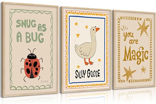 Image of Silly Goose Nursery Canvas Wall Art Cute Animals Insect Picture Wall Decor Trendy Magic Posters Snug As a Bug Rustic Farmhouse Painting Print Artwork for Kids Baby Room Playroom Classroom, Unframed