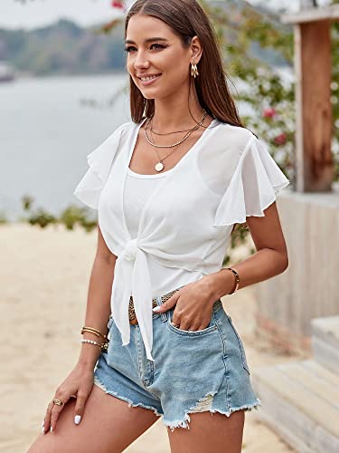 ZAFUL Women's Chiffon Cropped Bolero Sheer Shrugs for Dress Short Sleeve Tie Front Cardigan3