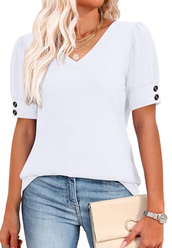 Image of OFEEFAN Womens Tops Short Sleeve Shirts Buttons V Neck Spring Fashion Summer Outfits Plus Size Blouses Dressy Casual