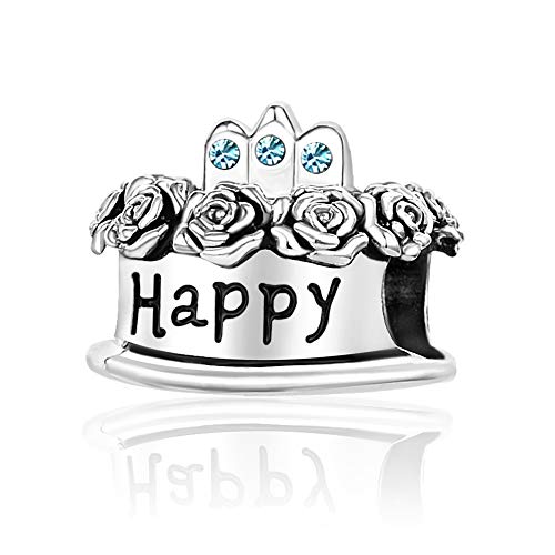 Image of Birthstones Happy Birthday Cake Charms Compatible with Pandora Charms Moments Bracelets Candle Crown Celebration Beads