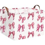 FXOCSHE Rectangular Pink Girls basket,Delicate pink bow girls nursery laundry basket,Pink Laundry Hamper,kids waterproof collapsible canvas basket,Toy bins,Girls Room decor(Bowknots)