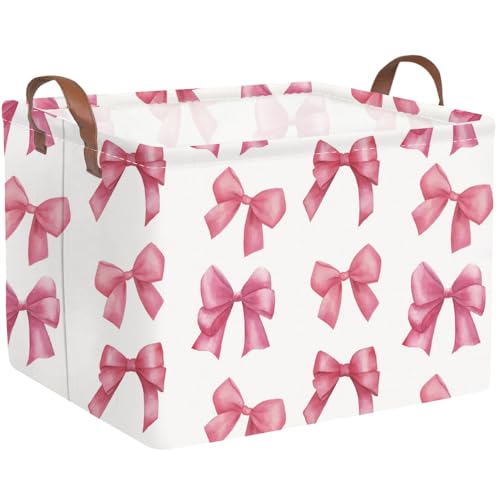 FXOCSHE Rectangular Pink Girls basket,Delicate pink bow girls nursery laundry basket,Pink Laundry Hamper,kids waterproof collapsible canvas basket,Toy bins,Girls Room decor(Bowknots)