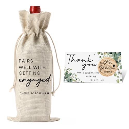 Image of Engaged Gifts Engagement Gifts for Couples Her Engagement Party Decorations | Bridal Shower Decorations Wine Gift Bag Cheers To Forever Wine Bottle Bag with Thank You Card And Stopper