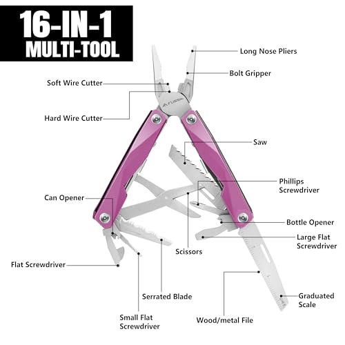 FLISSA-Multitool-16-in-1-Pink-Stainless-Steel-Multi-Tool-EDC-Multitool-with-Pocket-Knife-Screwdriver-Pliers-Safety-Locking-and-Sheath-Utility-Multi-Tool-for-Camping-Survival-Outdoor-Activities