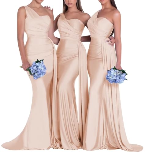 Image of One Shoulder Bridesmaid Dresses for Wedding Long Satin Bodycon Prom Dress Mermaid Formal Evening Gowns