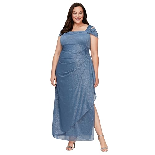Image of Alex Evenings Women's Long Cold Shoulder Dress, Mother of The Bride, Formal Events, Dusty Blue Glitter, 14 Plus