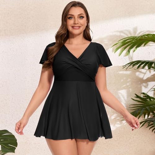 Women's Plus Size Swimsuit Ruffle Sleeve Swim Dress One Piece Tummy Control Bathing Suit V Neck Swimwear3