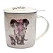 Taza de Te + Infusor de Acero Inoxidable Resistente al Lavavajillas, Decorada con Elefante mama y su cria, Porcelana China 400cc