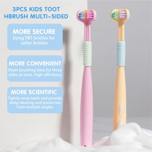 Image of HANNEA 3Pcs Kids Toothbrush Set, Three-Sided Soft Bristles, Tongue Scraper | Front and Back Coverage, Gentle Gum Contact, Built-In Tongue Cleaning, Daily Oral Care for Children