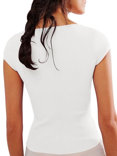 Image of Yousify Women's Short Sleeve Summer Tops 2025 Trendy Ribbed Knit Button Down Tight Basic Tees Shirts Going Out Y2K Clothes