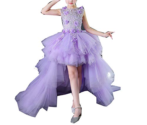 Girls' Adela Lace High Neck Pageant Dresses Ball Gown Hi-Low Applique 12 Lavender With Removable Train