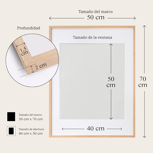Miniatura 6 de Framelane Set De 2 Marco 50x70 De Roble Macizo Natural Fsc Con Paspartú Blanco Y Vidrio Acrílico, Marcos Para Cuadros 50x70 Verticales U Horizontales, Marcos De Madera Elegantes