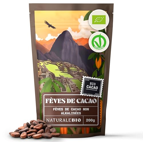NaturaleBio Fèves de Cacao Cru Bio 200g. Organic Raw Beans. Naturel et pur. Produit dans des régions tropicales par la Plante Theobroma. Source de Magnésium, Manganèse et Phosphore