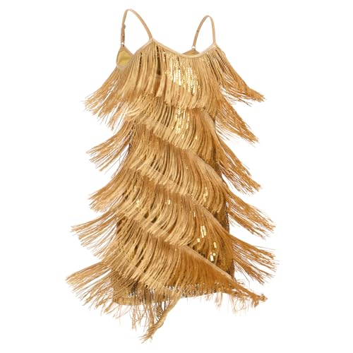IDOPIP Kids Girls 1920s Flapper Dress Tassels Sequin Fringe Latin Dance Dress Gatsby Halloween Birthday Party Dressup Ballroom Dance Costumes Toddler Roaring 20s Salsa Cha Cha Gown Gold 10-11 Years