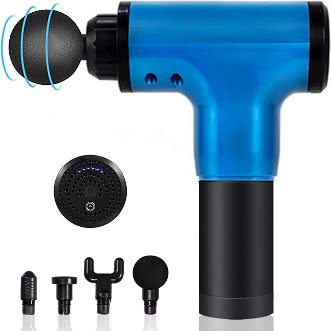 Padom Massage Gun, Percussion Muscle Massager Deep Tissue Massage Gun for Pain Relief with 4 Massage Heads 6 Speed High-Intensity Vibration Super Quiet Cordless Handheld (BLUE)
